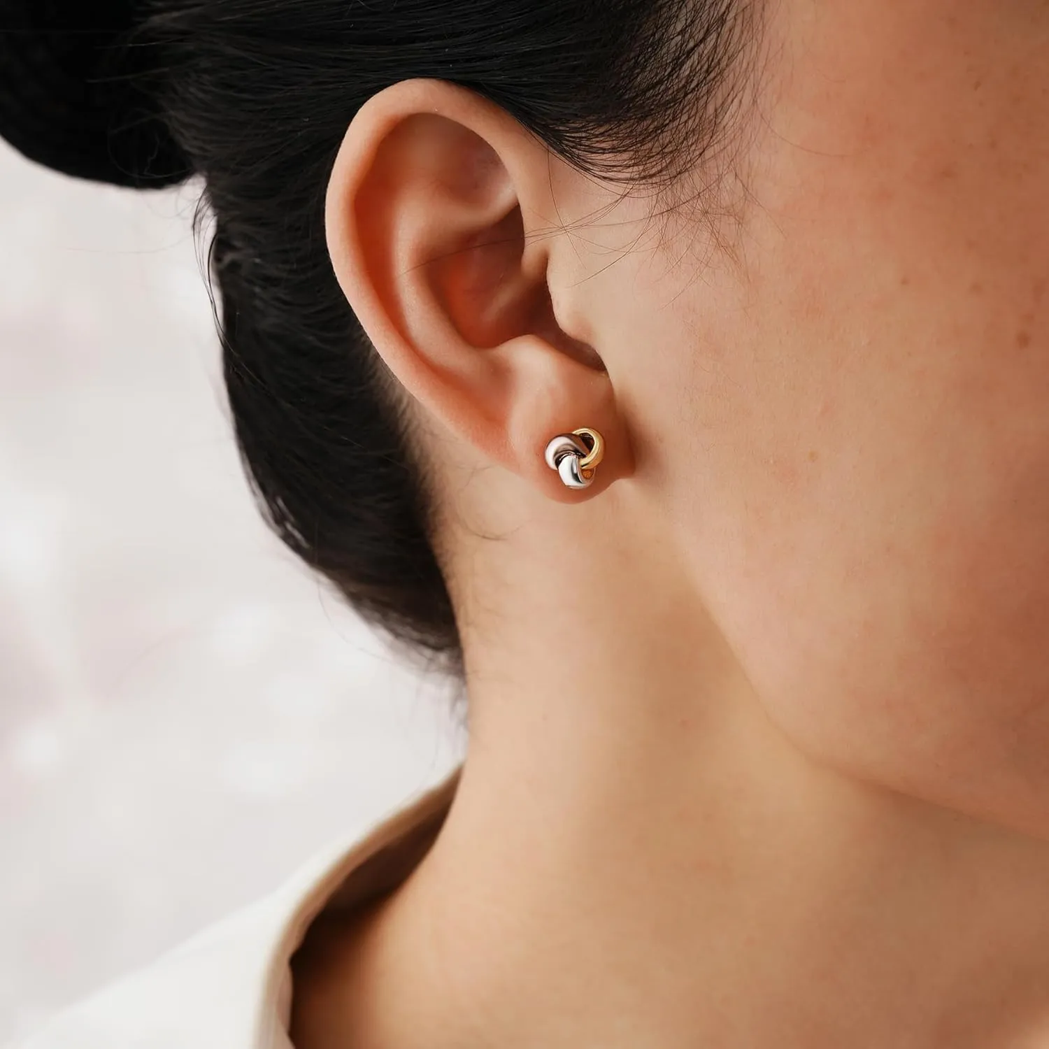 CHIC & ARTSY Love Knot Earrings Gold Plated 925 Sterling Silver Tri-tone White,Yellow,Rose Love Knot Stud Earrings Dainty 8MM High Polished Stud Earrings for Women