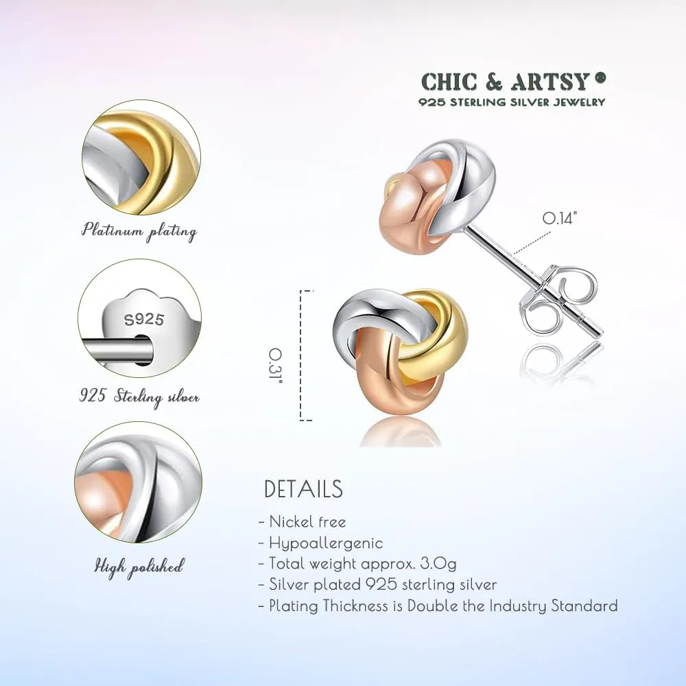 CHIC & ARTSY Love Knot Earrings Gold Plated 925 Sterling Silver Tri-tone White,Yellow,Rose Love Knot Stud Earrings Dainty 8MM High Polished Stud Earrings for Women