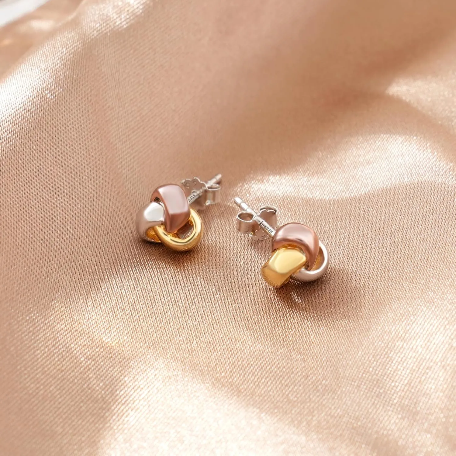 CHIC & ARTSY Love Knot Earrings Gold Plated 925 Sterling Silver Tri-tone White,Yellow,Rose Love Knot Stud Earrings Dainty 8MM High Polished Stud Earrings for Women