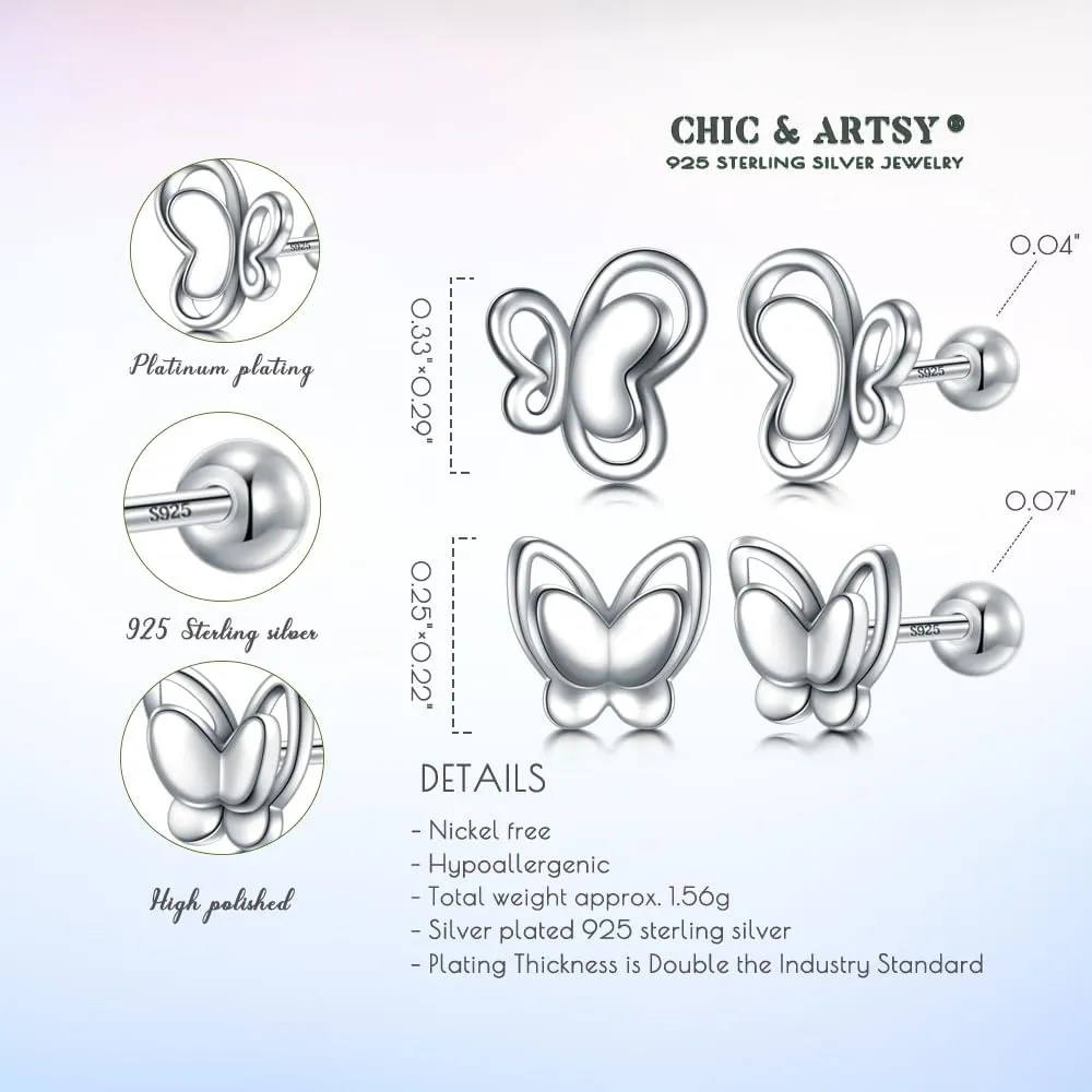 CHIC & ARTSY Solid 925 Sterling Silver Bow/Butterfly Screw Back Stud Earrings for Women Dainty Simple Small Bow Earrings for Her