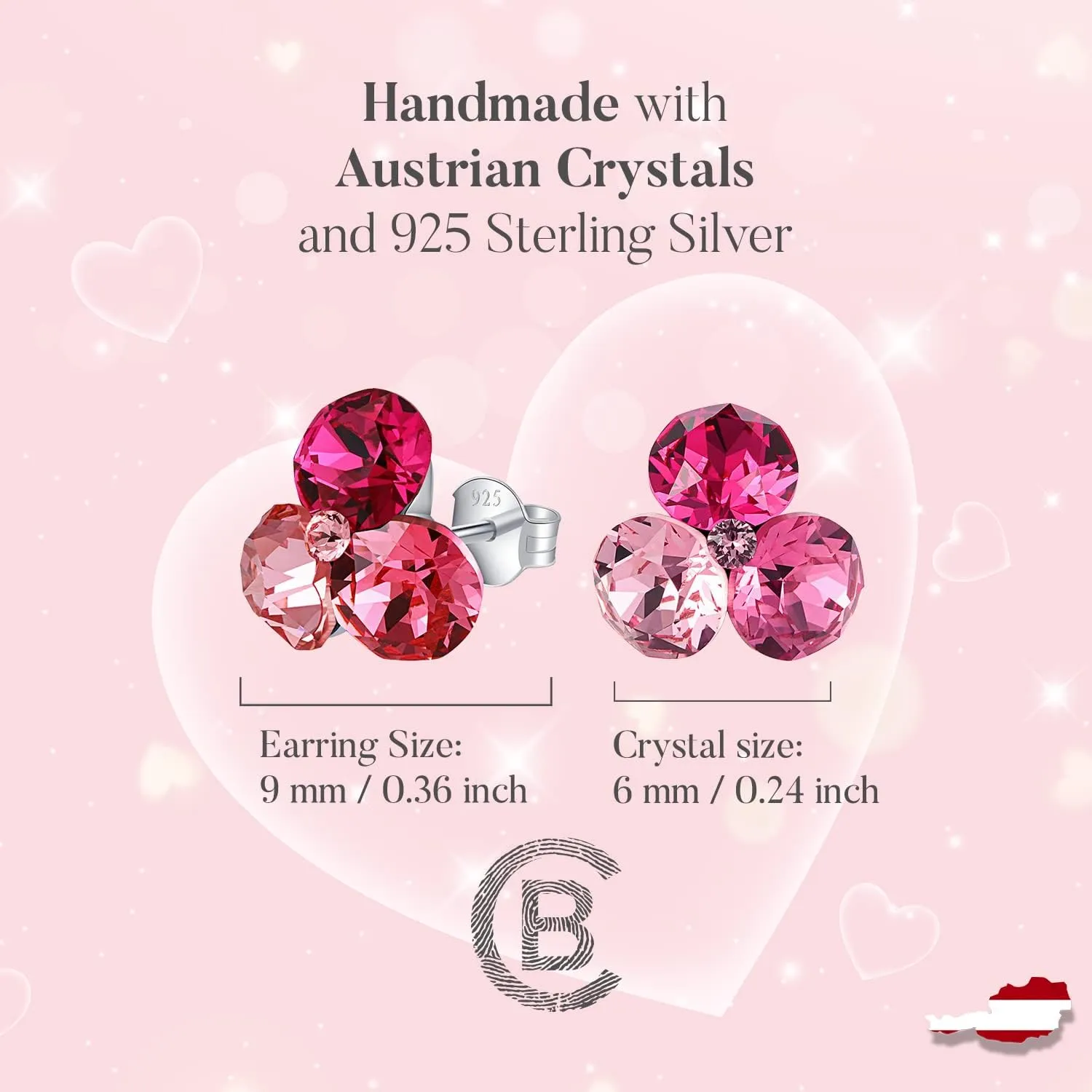 Chic Bijoux Birthstone Stud Earrings for Women  With 4 Austrian Crystals and 925 Sterling Silver  Gift for Mom, Pink/Blue/Purple/Green/Clear