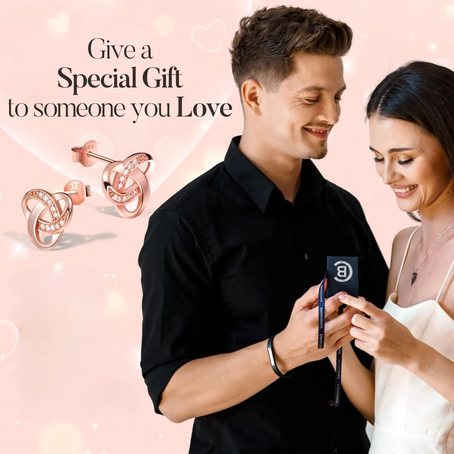 Chic Bijoux Knot Earrings for Women  With Round Cubic Zirconia stones and 925 Sterling Silver  Gift for Her Birthday, Rose Gold Jewelry