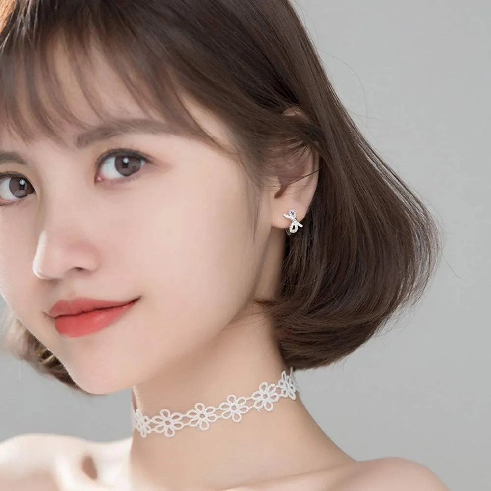 Chic Bow Knot Small Hoop Earrings S925 Sterling Silver for Women Teen Girls Dainty Crystal CZ Rhinestone Butterfly Round Huggie Hinged Hoops Cartilage Earring 10mm Hypoallergenic Gifts