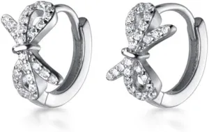 Chic Bow Knot Small Hoop Earrings S925 Sterling Silver for Women Teen Girls Dainty Crystal CZ Rhinestone Butterfly Round Huggie Hinged Hoops Cartilage Earring 10mm Hypoallergenic Gifts