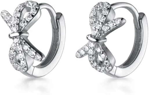 Chic Bow Knot Small Hoop Earrings S925 Sterling Silver for Women Teen Girls Dainty Crystal CZ Rhinestone Butterfly Round Huggie Hinged Hoops Cartilage Earring 10mm Hypoallergenic Gifts