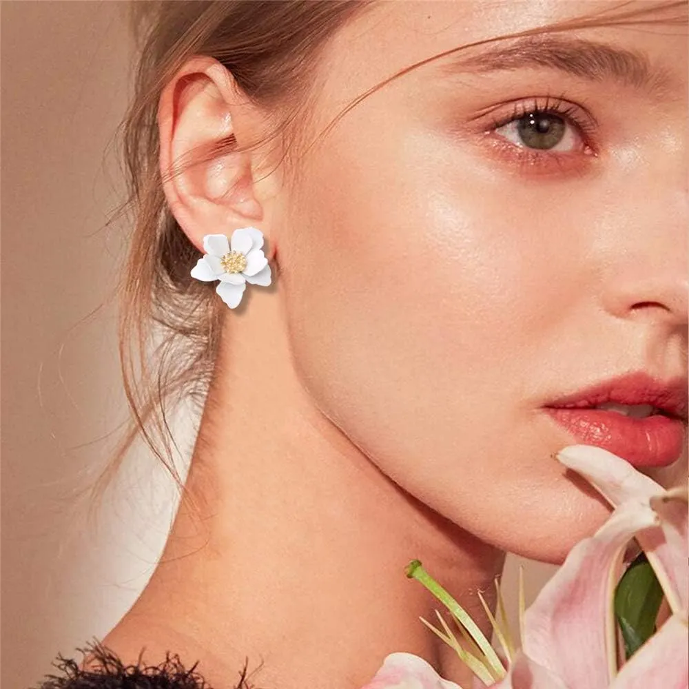 Chic Cute Boho Matte Flower Statement Stud Earrings with Gold Flower Bud for Women Sister Mom Lover and Friends