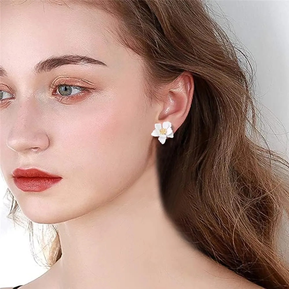 Chic Cute Boho Matte Flower Statement Stud Earrings with Gold Flower Bud for Women Sister Mom Lover and Friends