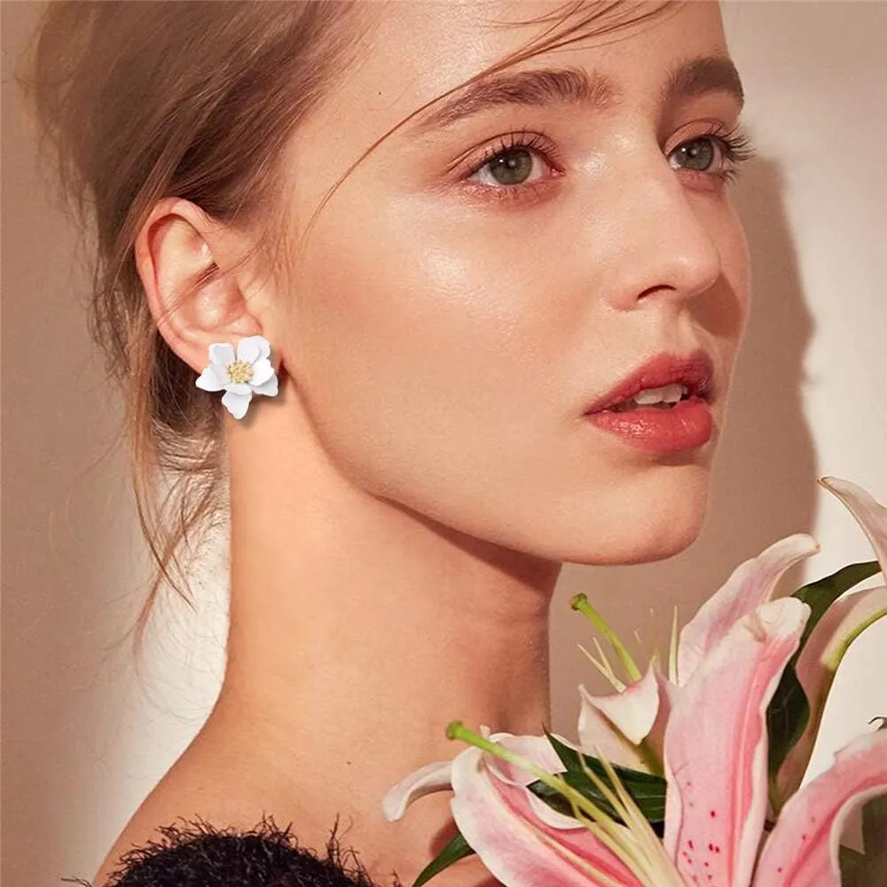 Chic Cute Boho Matte Flower Statement Stud Earrings with Gold Flower Bud for Women Sister Mom Lover and Friends