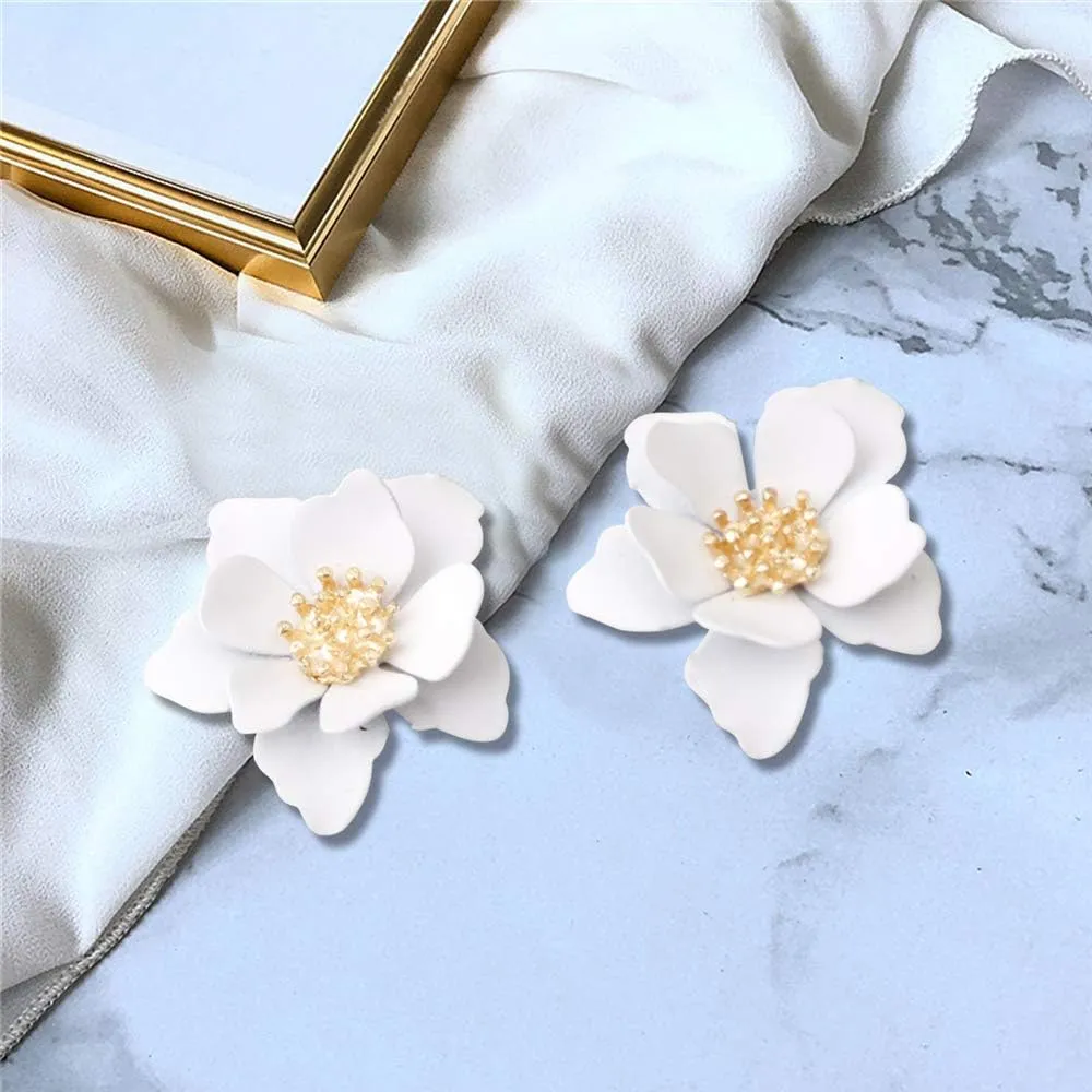 Chic Cute Boho Matte Flower Statement Stud Earrings with Gold Flower Bud for Women Sister Mom Lover and Friends