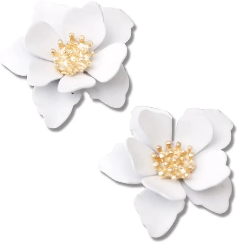 Chic Cute Boho Matte Flower Statement Stud Earrings with Gold Flower Bud for Women Sister Mom Lover and Friends