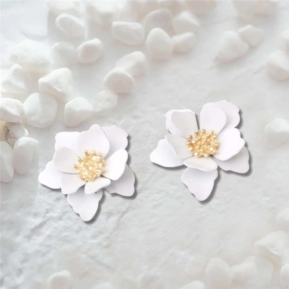 Chic Cute Boho Matte Flower Statement Stud Earrings with Gold Flower Bud for Women Sister Mom Lover and Friends
