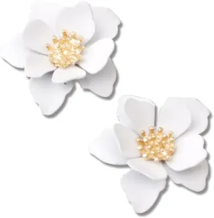 Chic Cute Boho Matte Flower Statement Stud Earrings with Gold Flower Bud for Women Sister Mom Lover and Friends