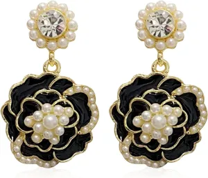Chic Elegant White Pearl Rose Flower Dangle Drop Earrings Dainty Sparkly Crystal Black Flower Stud Earring for Women Statement Wedding Bridesmaid Jewelry Gifts