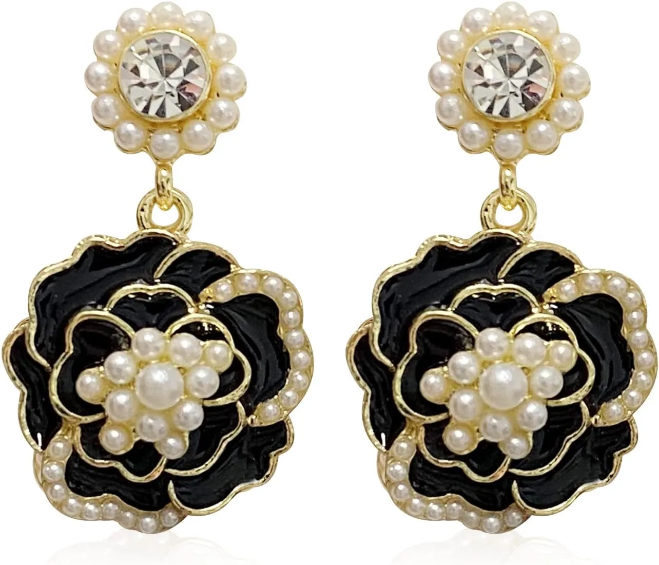 Chic Elegant White Pearl Rose Flower Dangle Drop Earrings Dainty Sparkly Crystal Black Flower Stud Earring for Women Statement Wedding Bridesmaid Jewelry Gifts