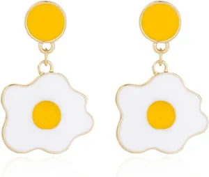Chic Funny 18k Gold Plated Enamel Fried Egg Stud Earring Cute Poached Egg Dangle Drop Earrings for Women Girls Lover Kitchen Cooking Statement Jewelry Gifts