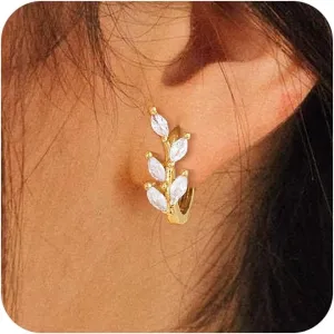 Chic Leaf Earrings for Women,Gold/Silver Cubic Zirconia Huggie Leaf Dangle Earrings Dainty Hypoallergenic Earring Jewelry Birthday Gifts