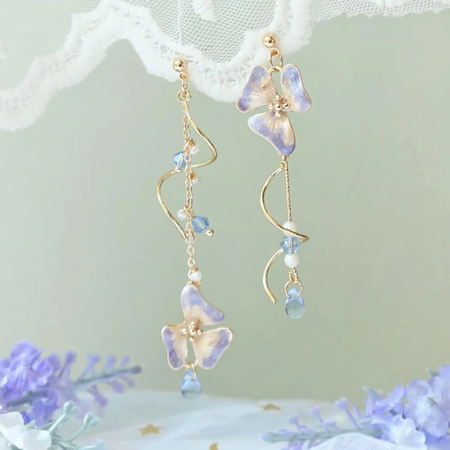 Chic Pink Flower Dangle Earrings Cute Pearl Sakura Leaf Asymmetry Flower Earrings Fairy Long Tassel Petals Statement Earrings for Women Girls Summer Refreshing Seaside Idyllic Holiday Earrings