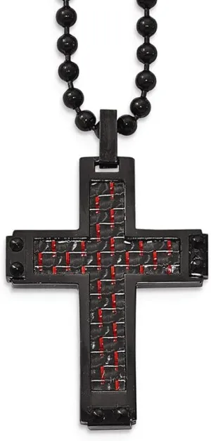 Chisel Stainless Steel Polished Black Ip Black/red Carbon Fiber Cross Necklace