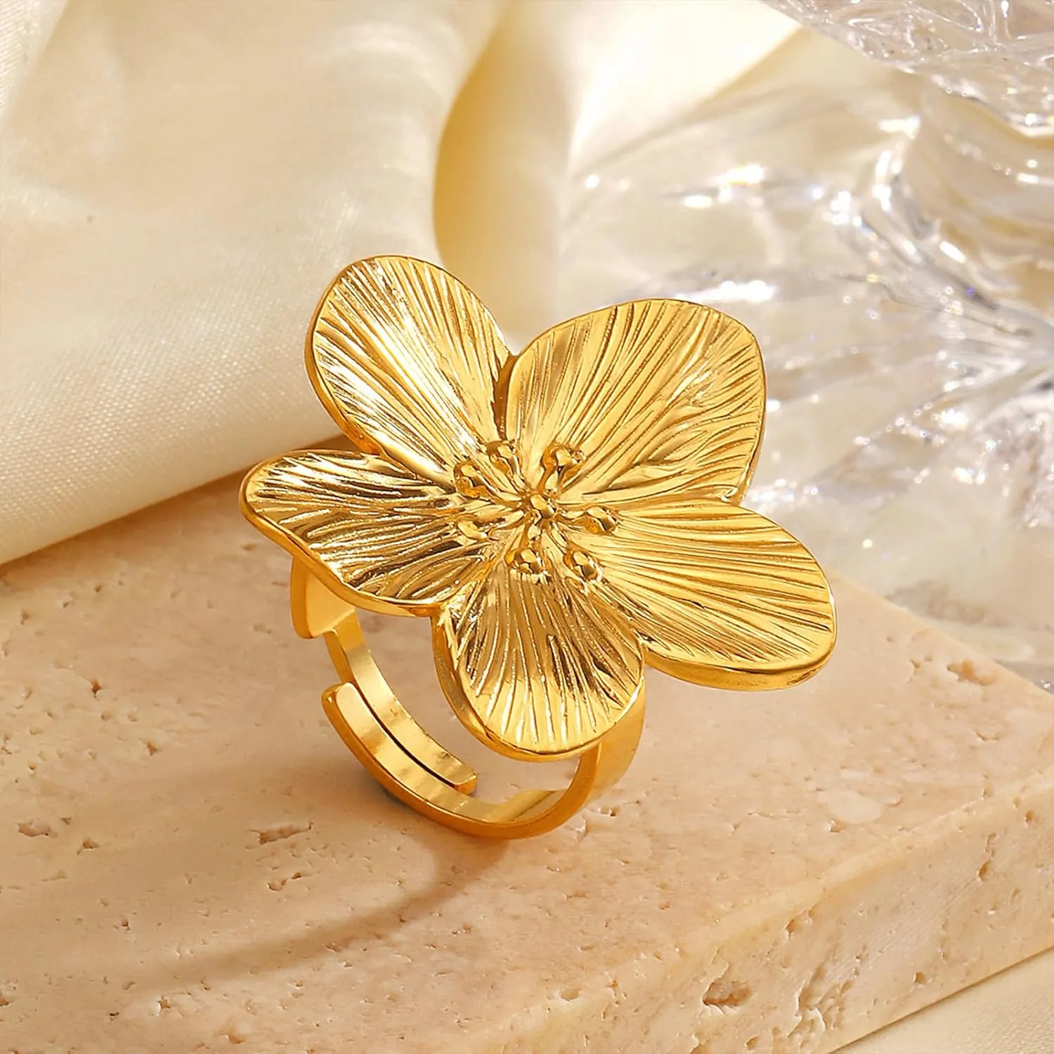 Chunky Gold Rings for Women Adjustable Flower Rings Non Tarnish 14K Gold Statement Rings Flower Jewelry for Women