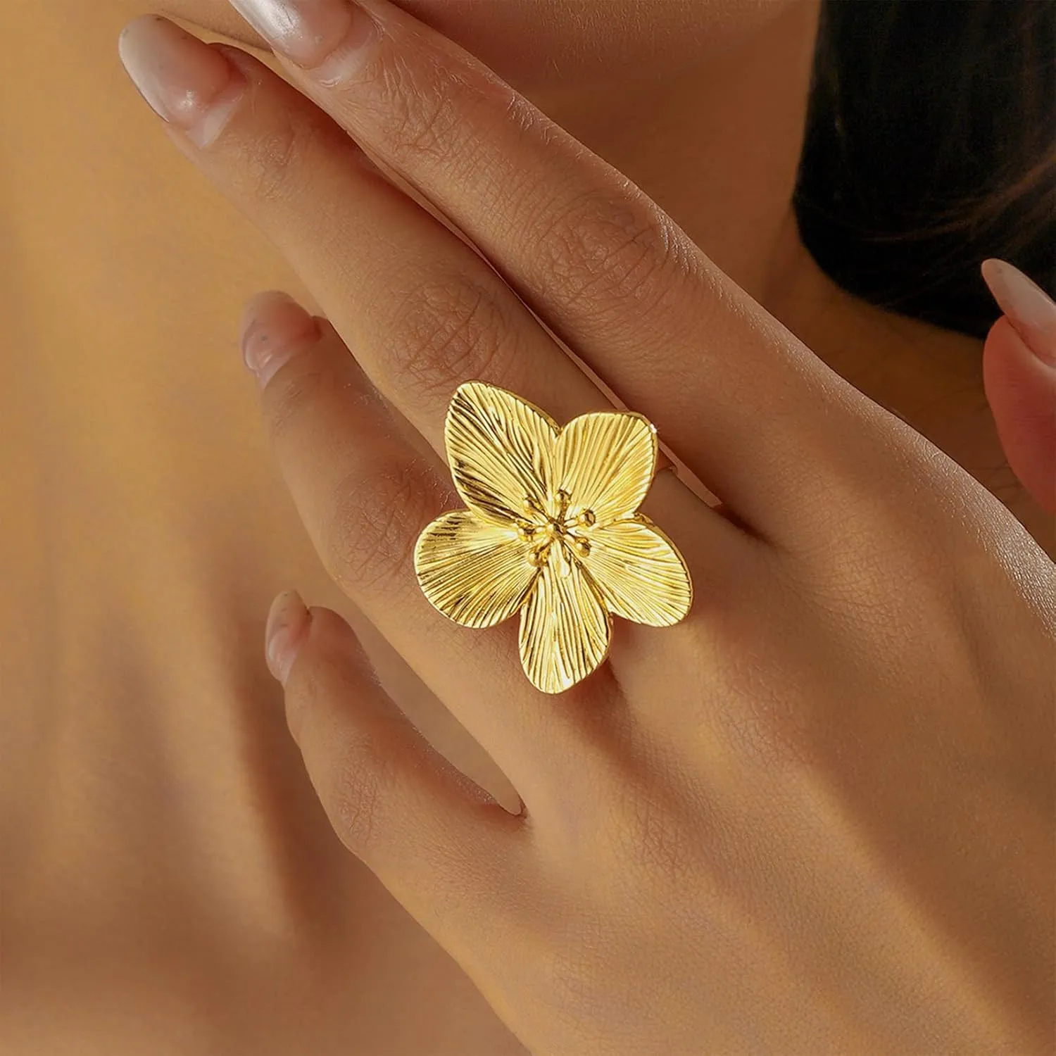 Chunky Gold Rings for Women Adjustable Flower Rings Non Tarnish 14K Gold Statement Rings Flower Jewelry for Women