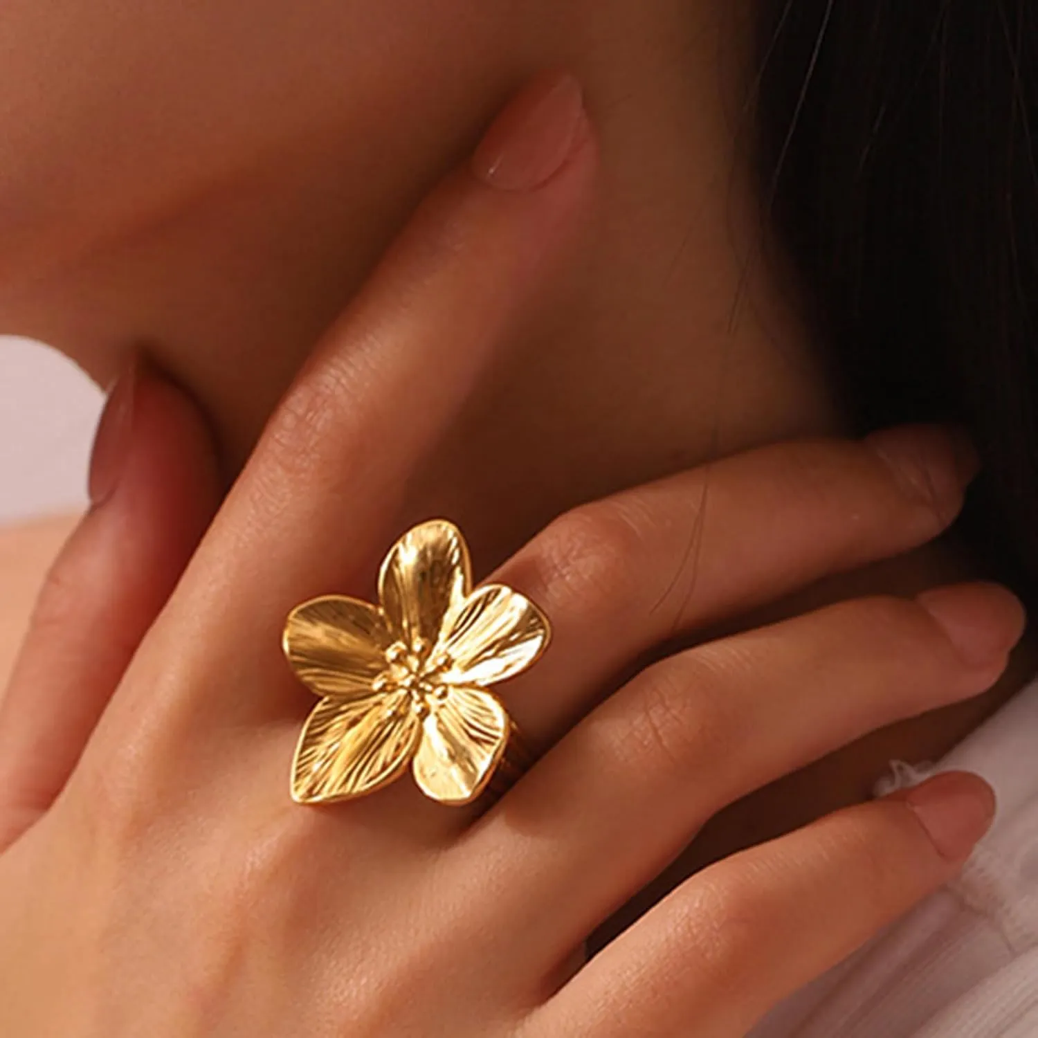 Chunky Gold Rings for Women Adjustable Flower Rings Non Tarnish 14K Gold Statement Rings Flower Jewelry for Women