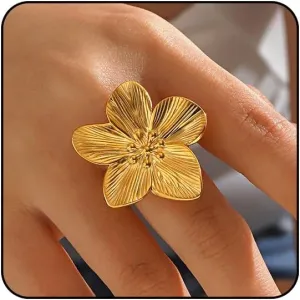Chunky Gold Rings for Women Adjustable Flower Rings Non Tarnish 14K Gold Statement Rings Flower Jewelry for Women
