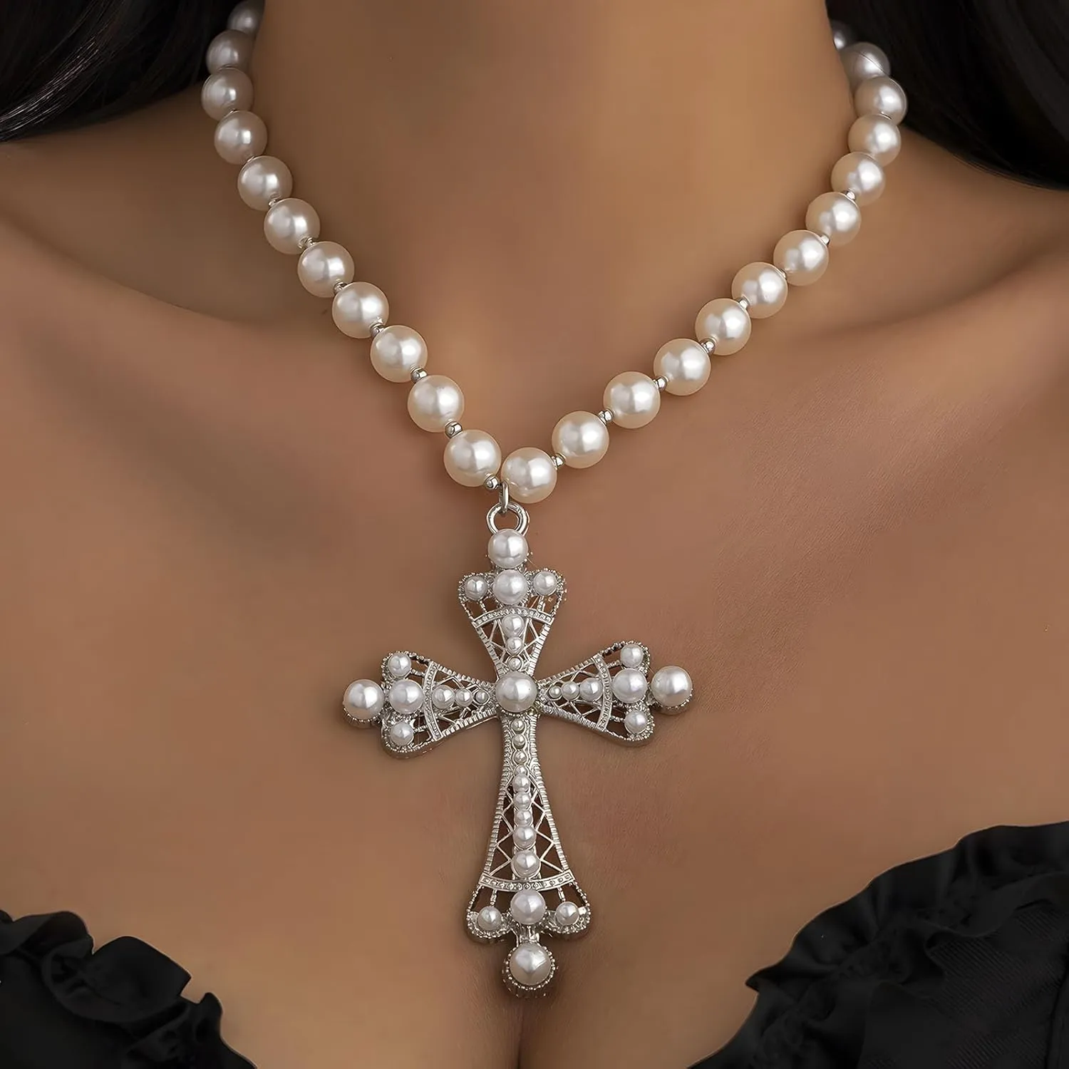 Chunky Pearl Cross Necklace for Women Vintage Silver Gothic Pearl Cross Pendants Necklaces