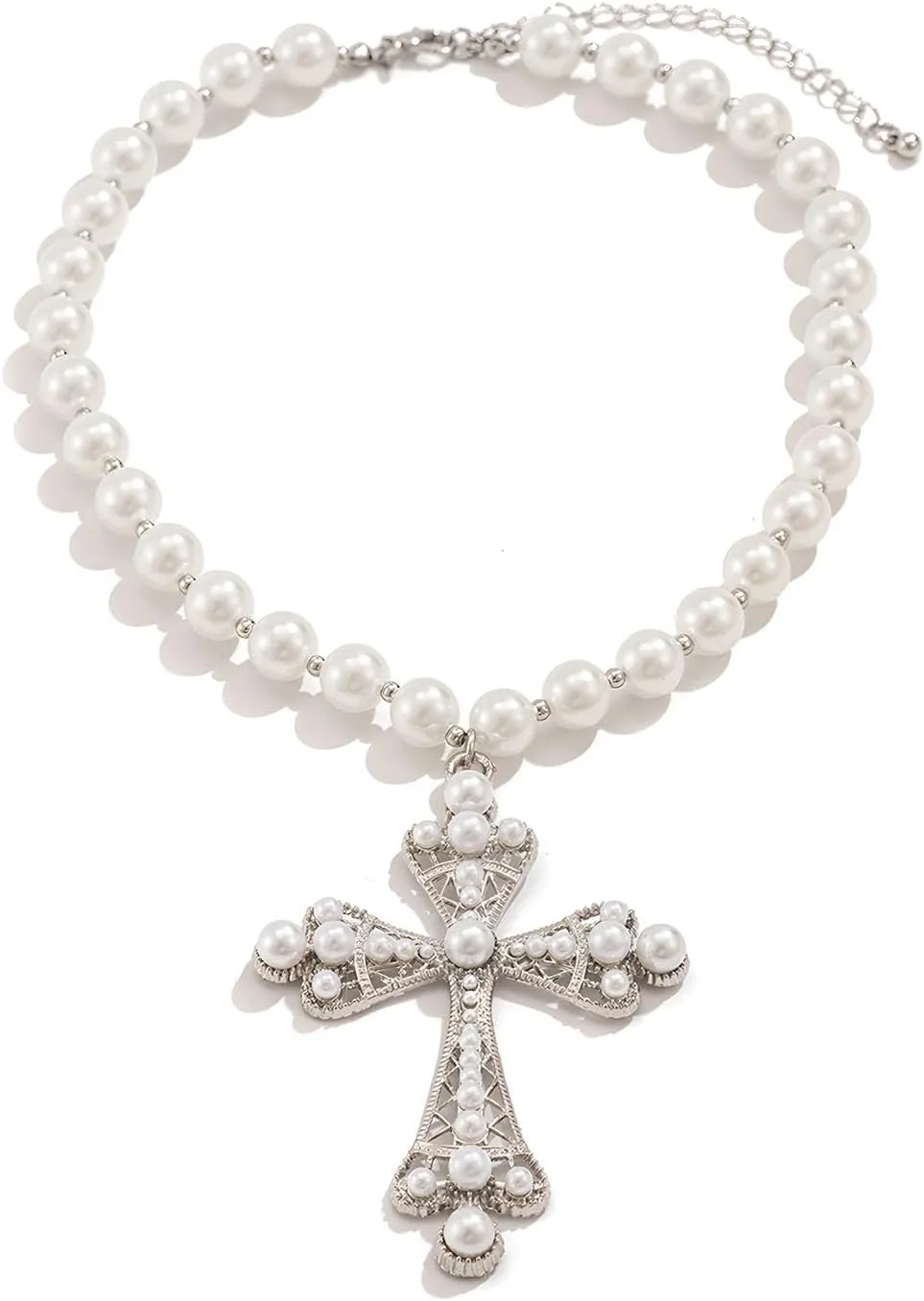 Chunky Pearl Cross Necklace for Women Vintage Silver Gothic Pearl Cross Pendants Necklaces
