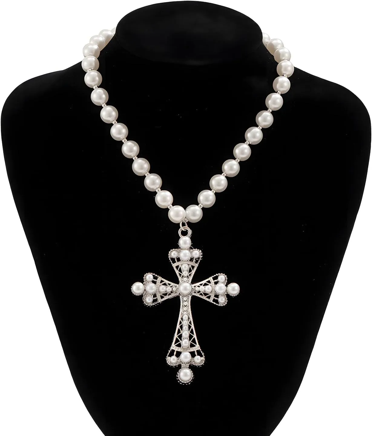 Chunky Pearl Cross Necklace for Women Vintage Silver Gothic Pearl Cross Pendants Necklaces
