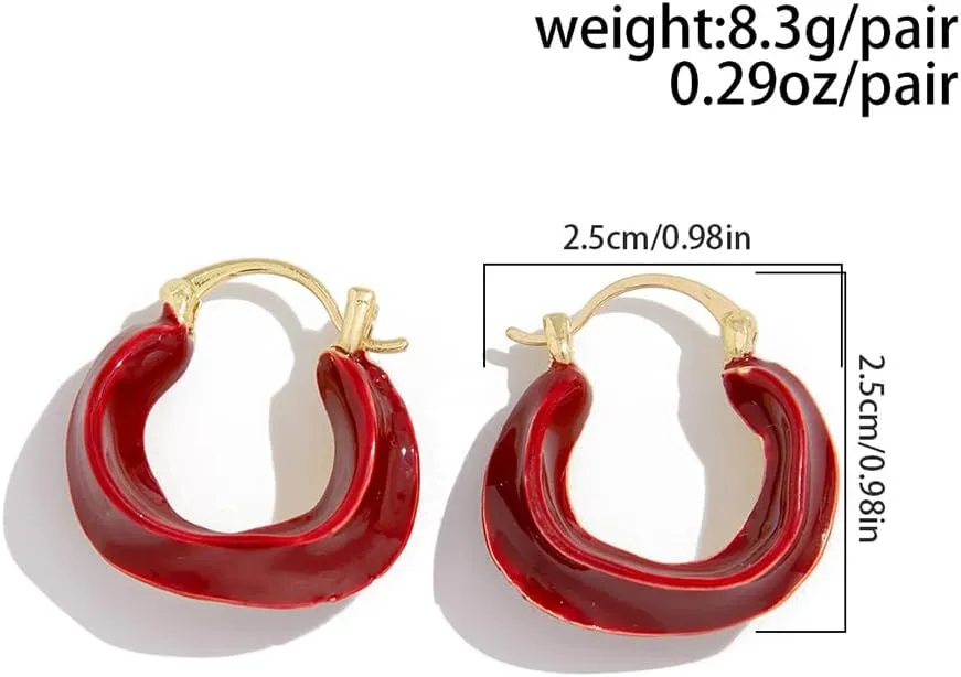 Chunky Wine Red Bow Knot Big Flower Hoop Earrings, Minimalist Red Chic Piercing Earrings, Trendy Statement Round Modern Jewelry Gifts