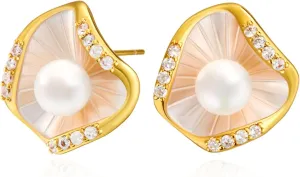 Cicy Bell 18k Gold Plated Earrings for Women Cubic Zirconia Shell Pearl Elegant Irregular Stud Earrings for Gifts