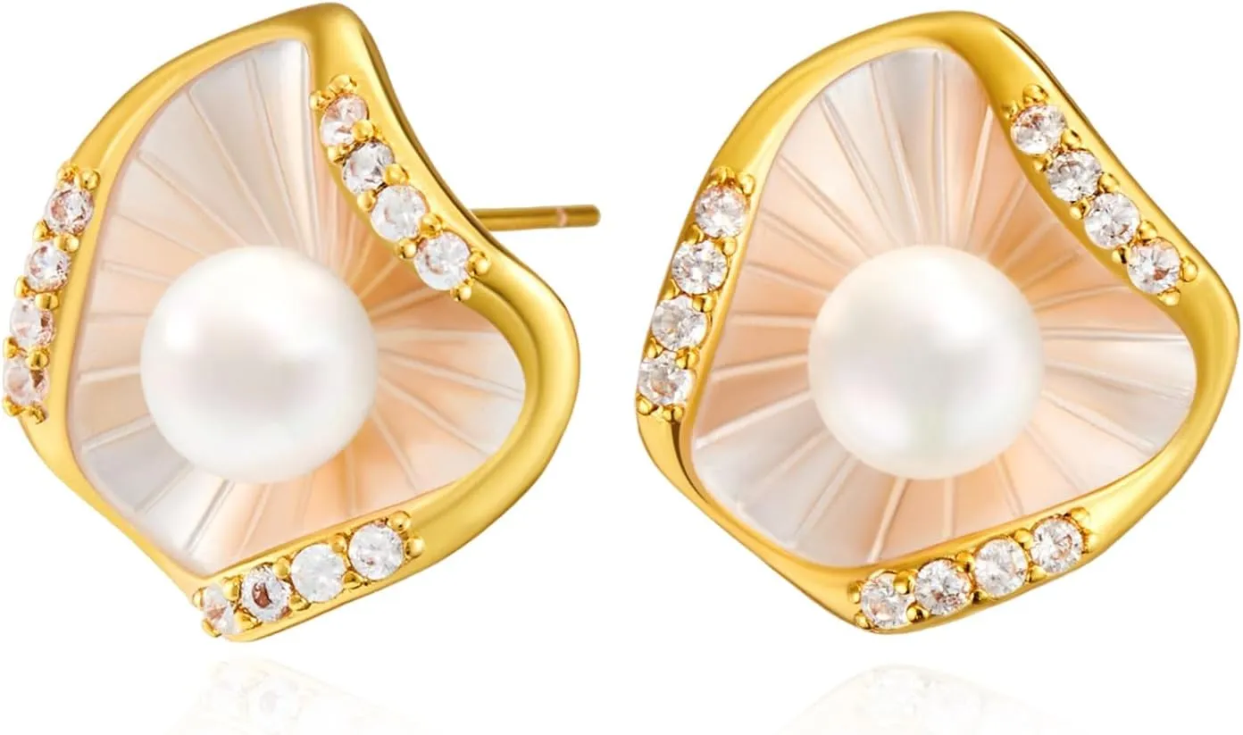 Cicy Bell 18k Gold Plated Earrings for Women Cubic Zirconia Shell Pearl Elegant Irregular Stud Earrings for Gifts