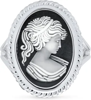 Classic Antique Vintage Style Black White Mother of Pearl Shell Carved Oval Victorian Lady Portrait Cameo Pendant Necklace Ring For Women Marcasite Frame Oxidized .925 Sterling Silver