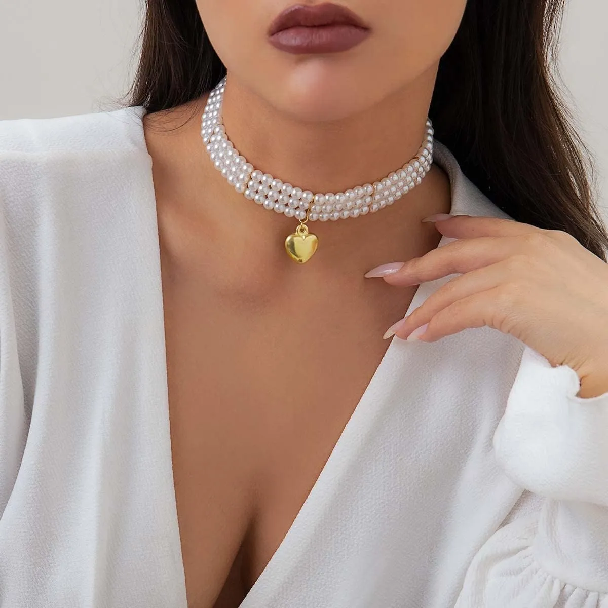 Clataly Women's Pearl Necklace Bracelets Vintage Round Multilayer Imitation Pearl Choker Necklaces Brides Jewelry