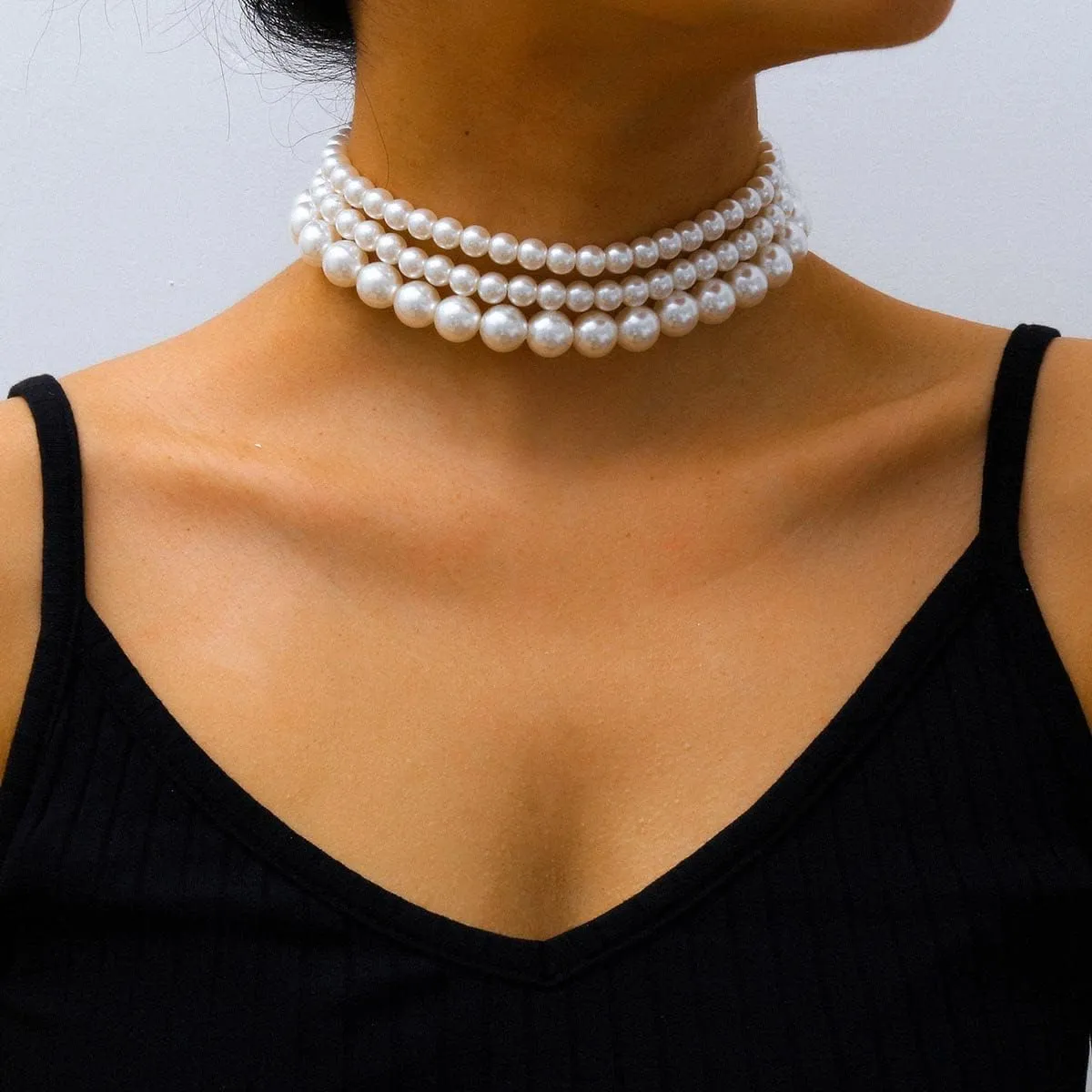 Clataly Women's Pearl Necklace Bracelets Vintage Round Multilayer Imitation Pearl Choker Necklaces Brides Jewelry