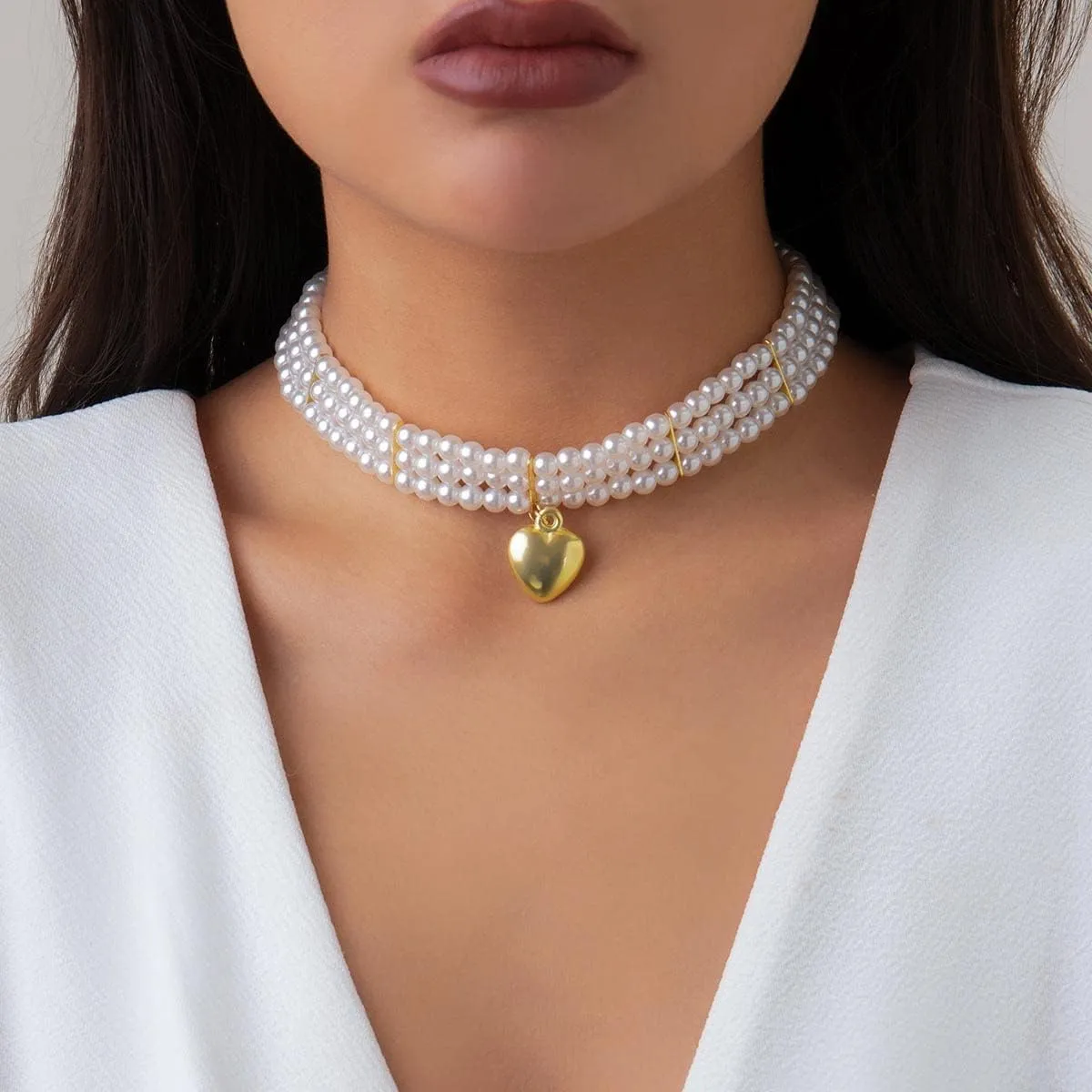 Clataly Women's Pearl Necklace Bracelets Vintage Round Multilayer Imitation Pearl Choker Necklaces Brides Jewelry