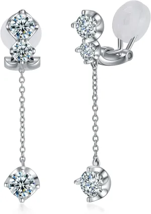 Clip On Earrings for Women with Cubic Zirconia Silver Dangle Earring Non Pierced Earrings for Women Lightweight Elegant Clip Earrings