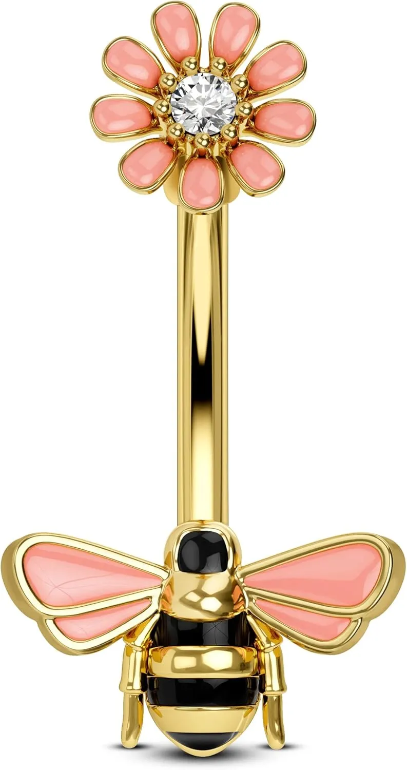 CM Crareesi Mania Bee Belly Button Rings 316L Stainless Steel Gold Belly Rings for Women 14G Flower Belly Button Piercing Jewelry 10mm Cute Navel Piercing Jewelry