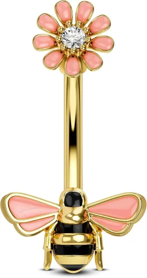 CM Crareesi Mania Bee Belly Button Rings 316L Stainless Steel Gold Belly Rings for Women 14G Flower Belly Button Piercing Jewelry 10mm Cute Navel Piercing Jewelry
