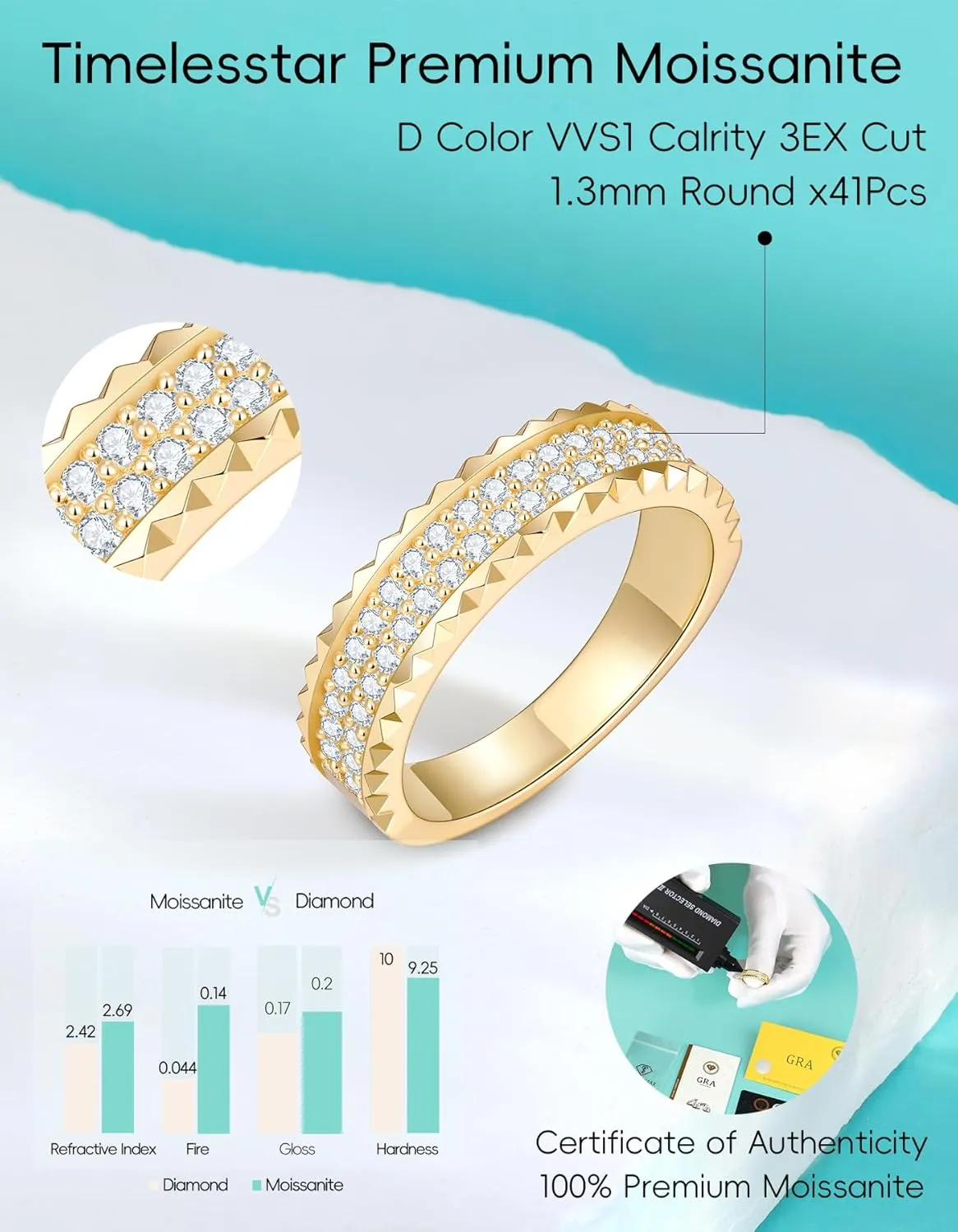 CNC Moissanite Rings for Women D Color VVS1 Clarity 3EX Cut S925 Sterling Silver Heavy 18k Gold Plated Non Tarnish Easily 14K Gold Color