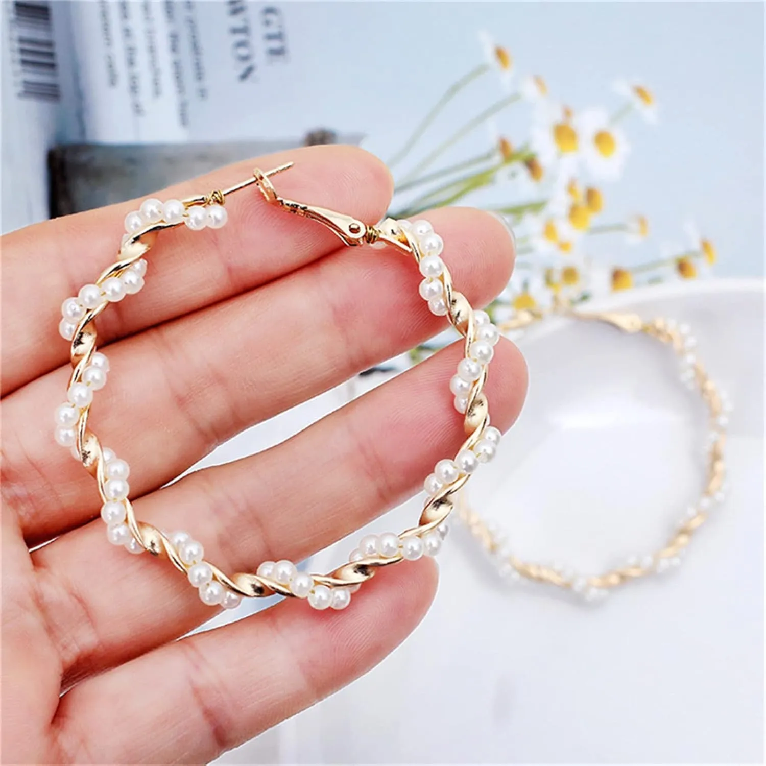 coadipress Pearl Hoop Earrings Fashion Elegant Gold Plated Large Lightweight Artificial Pearl Earrings Drop Dangle Earrings Wedding Jewelry Gifts