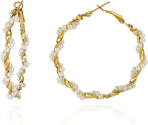 coadipress Pearl Hoop Earrings Fashion Elegant Gold Plated Large Lightweight Artificial Pearl Earrings Drop Dangle Earrings Wedding Jewelry Gifts
