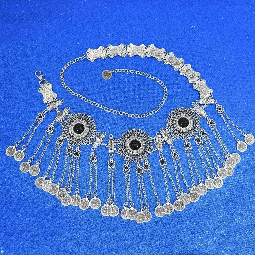 Coin Tassel Waist Chain Zcargel Ethnic Style Waist Chain Rhinestones Body Chain Western Concho Metal Waist Belt for Dresses Vintage Coin Tassels Pendant Belly