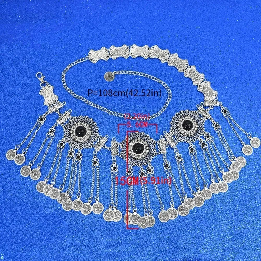 Coin Tassel Waist Chain Zcargel Ethnic Style Waist Chain Rhinestones Body Chain Western Concho Metal Waist Belt for Dresses Vintage Coin Tassels Pendant Belly