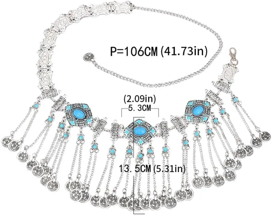Coin Tassel Waist Chain Zcargel Ethnic Style Waist Chain Rhinestones Body Chain Western Concho Metal Waist Belt for Dresses Vintage Coin Tassels Pendant Belly