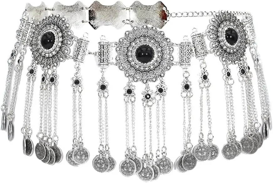 Coin Tassel Waist Chain Zcargel Ethnic Style Waist Chain Rhinestones Body Chain Western Concho Metal Waist Belt for Dresses Vintage Coin Tassels Pendant Belly