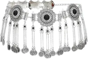 Coin Tassel Waist Chain Zcargel Ethnic Style Waist Chain Rhinestones Body Chain Western Concho Metal Waist Belt for Dresses Vintage Coin Tassels Pendant Belly