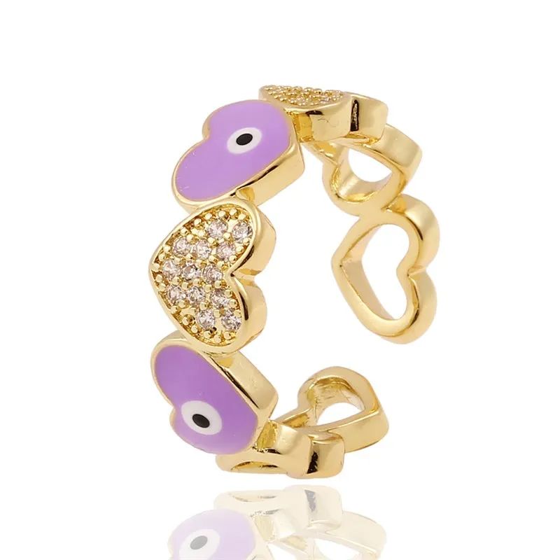 Colorful Trendy Copper Inlaid Zircon Heart Ring for Women
