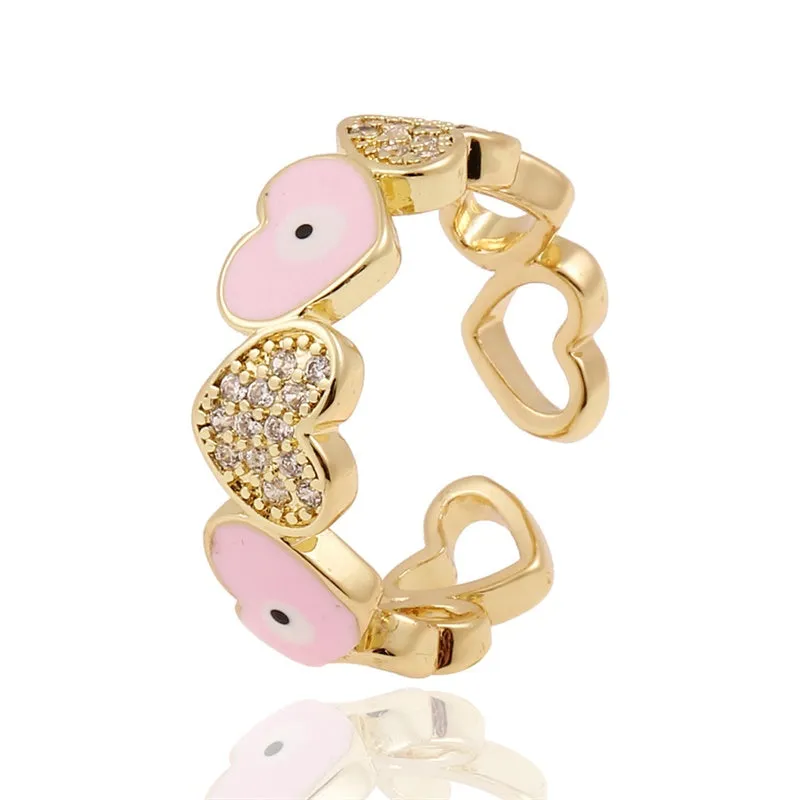 Colorful Trendy Copper Inlaid Zircon Heart Ring for Women