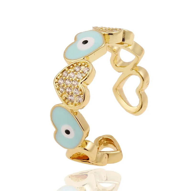 Colorful Trendy Copper Inlaid Zircon Heart Ring for Women